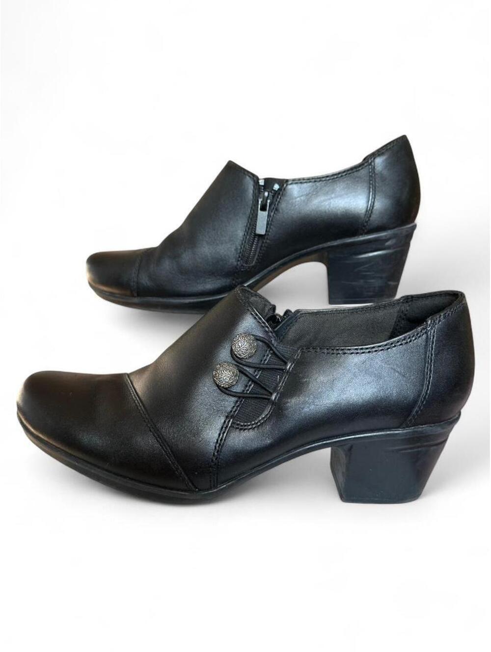 Clarks Emslie Warren Women’s 9.5 Black Leather Ankle Booties Block Heel